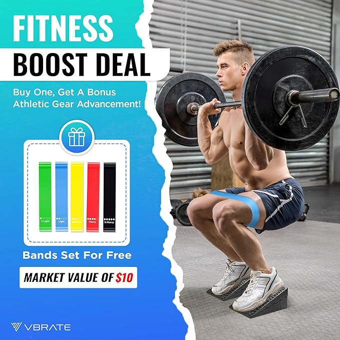 Adjustable Non-Slip Rubber Slant Board for Squats (4PC Squat Wedge Blocks) with 5 Resistance Bands β Heel Elevated Calf Stretcher & Calf Raise Block for Strength Training, Mobility & Balance