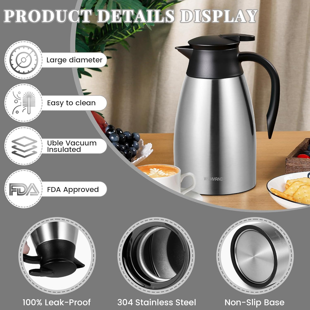 51 Oz Thermal Coffee Carafe, Stainless Steel Insulated Vacuum coffee crafts to keep coffee hot, 1.5 Liter Tea Water Coffee and Beverage Dispenser (Silver)