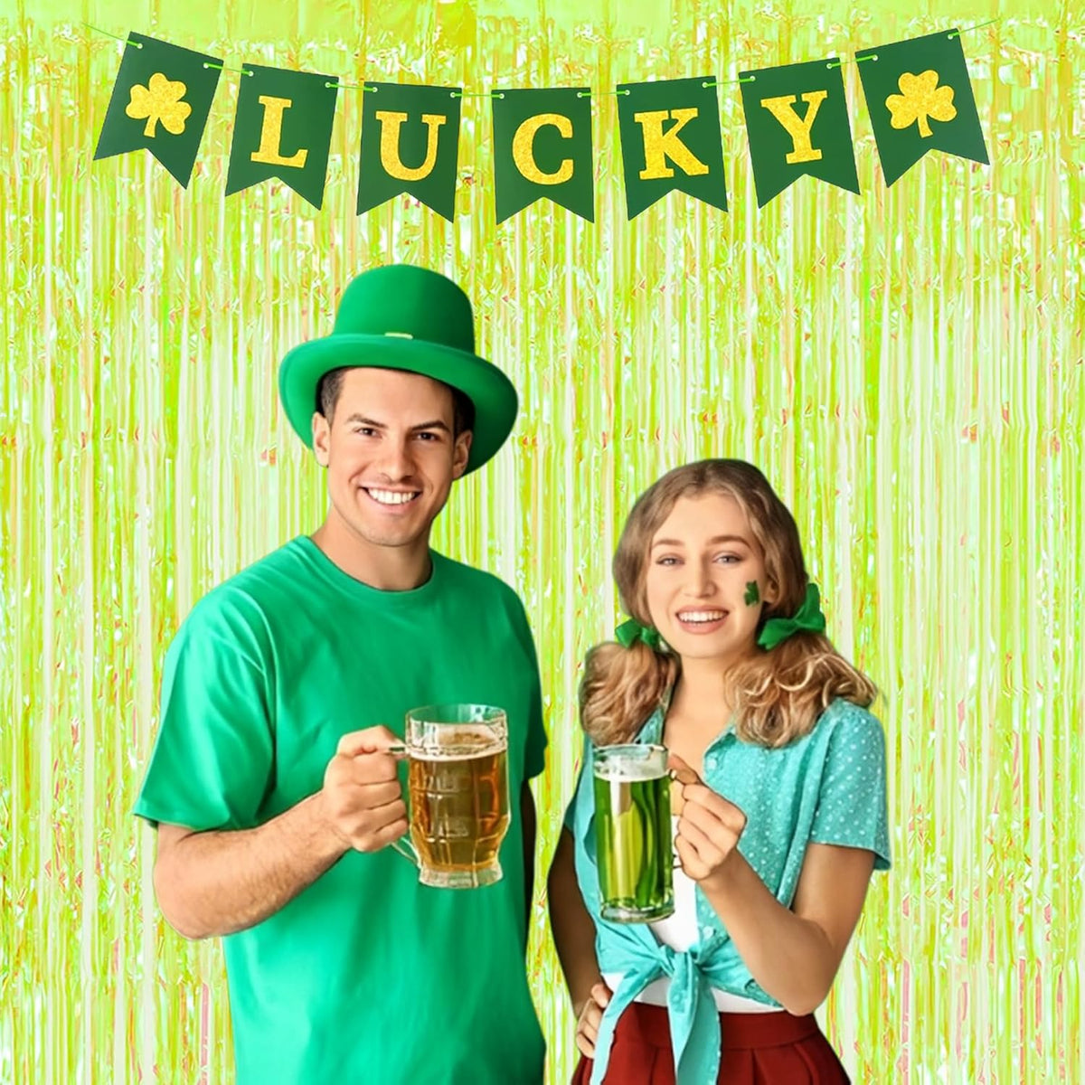 BRAVESHINE Iridescent Foil Fringe Backdrop - 2 Pack 3.2 x 6.5 ft Holographic Tinsel Curtain Party Streamers Photo Backdrop for Birthdays Dinosaur Theme Christmas Patricks Decorations - Clear Green