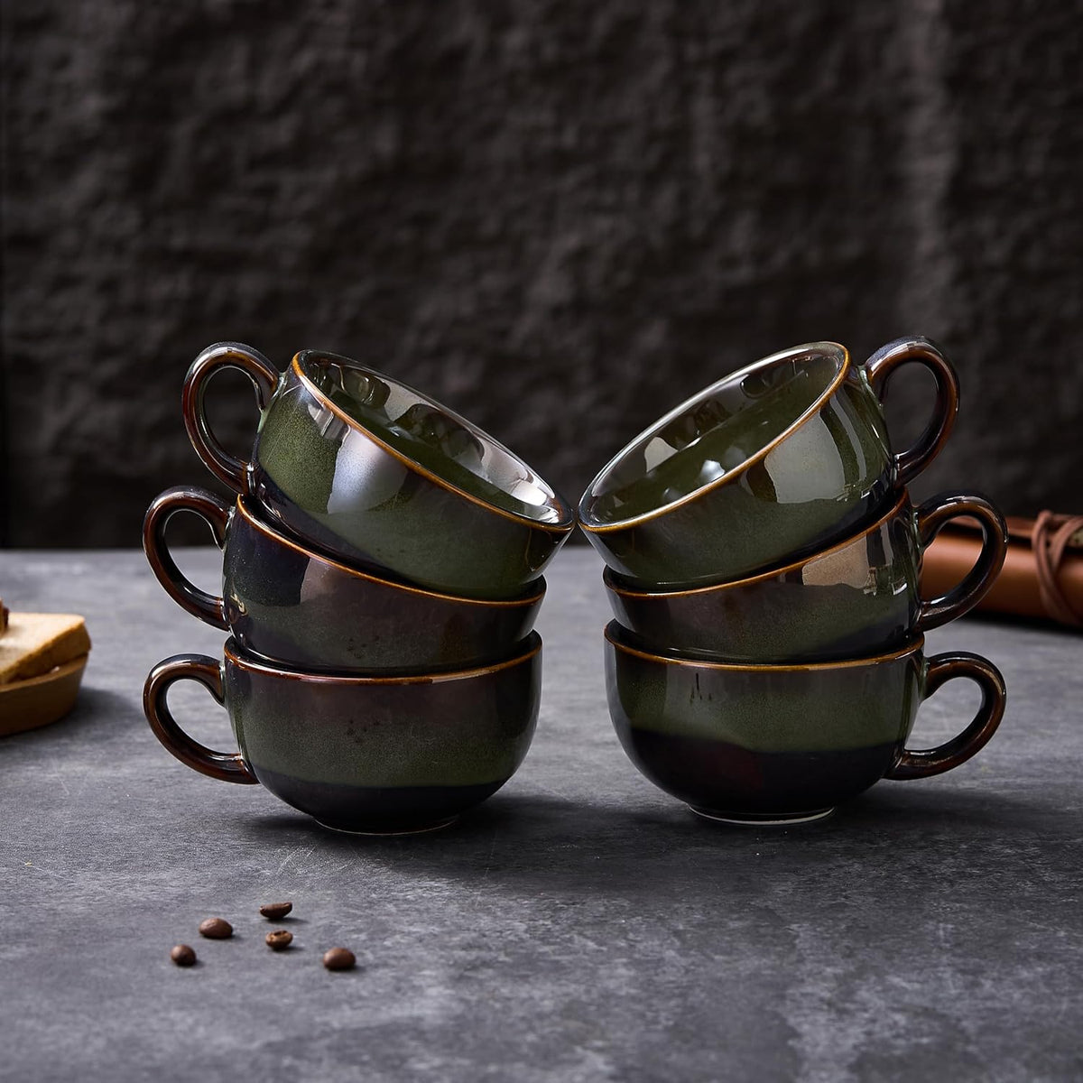 Set of 6 Vintage Design 12 oz Professional Barista Ceramic Latte Art Cappuccino Cups Set (Sea Grey * 6)