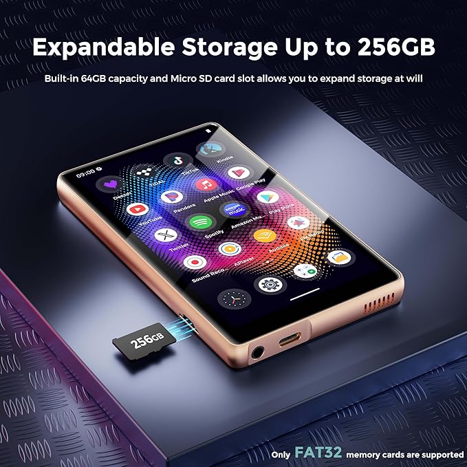 128GB MP3 Player with Bluetooth and WiFi,Music Video Player with Spotify Pandora,Amazon Music, 5" Touch Screen Android MP4 MP3 Player for Kids with Audible, YouTube, Spotify Kids,up to 256GB (Gold)