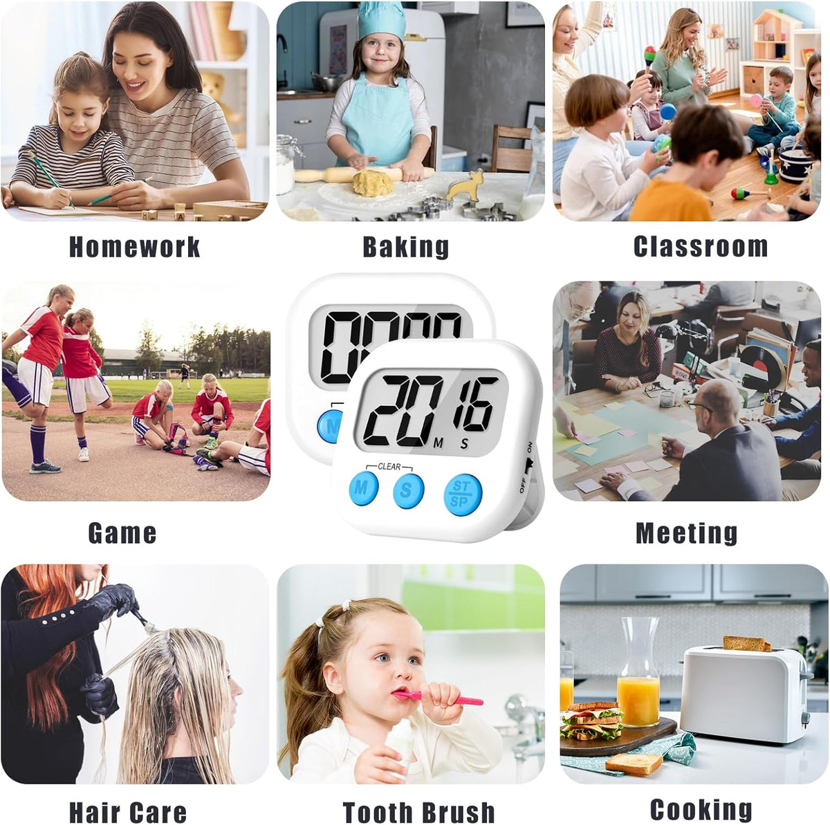 ZILLEEN Kitchen Timer Digital with Magnetic Back for Kids Classroom, White 12 Pack