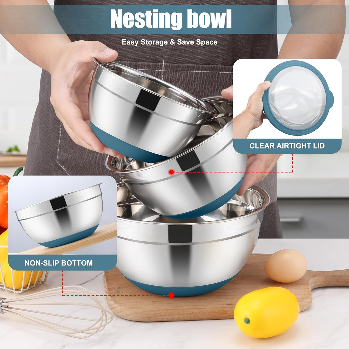 E-far Mixing Bowls with Lids Set, 15PCS Stainless Steel Mixing Nesting Bowls with Colander and 3 Metal Graters for Kitchen, Non-Slip Bottom & Airtight Transparent Lid, 4.6, 3, 1.5, 1, 0.7QT, Blue