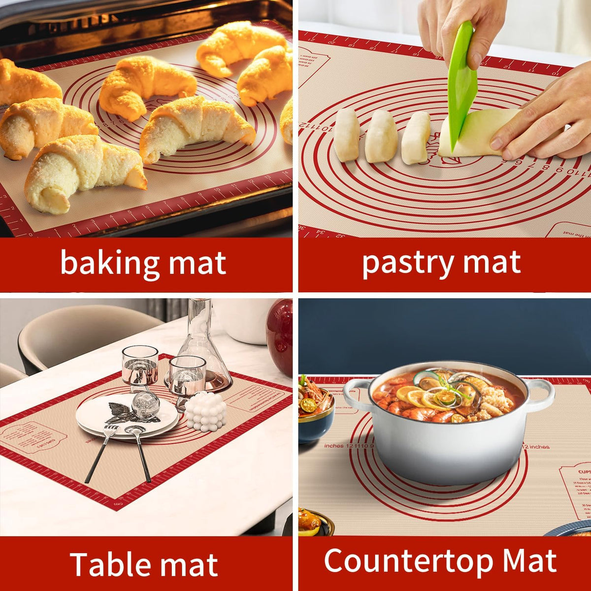 Silicone Baking Mat, Reusable Silicone Dough Mat, Non-Stick Pastry Mat, Heat Resistant Silicone Mat for Baking Cookies, Cake, Bread, Chocolate, Pizza, Crust, Pie Oven Mat, Easy to Clean