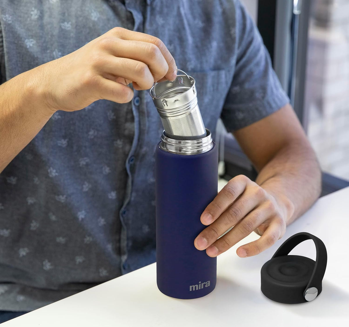 MIRA 18 oz Tea Infuser Thermos - Stainless Steel Travel Bottle with Removable Strainer for Loose Leaf Tea - Insulated Hot & Cold Brew Steeper - Marine