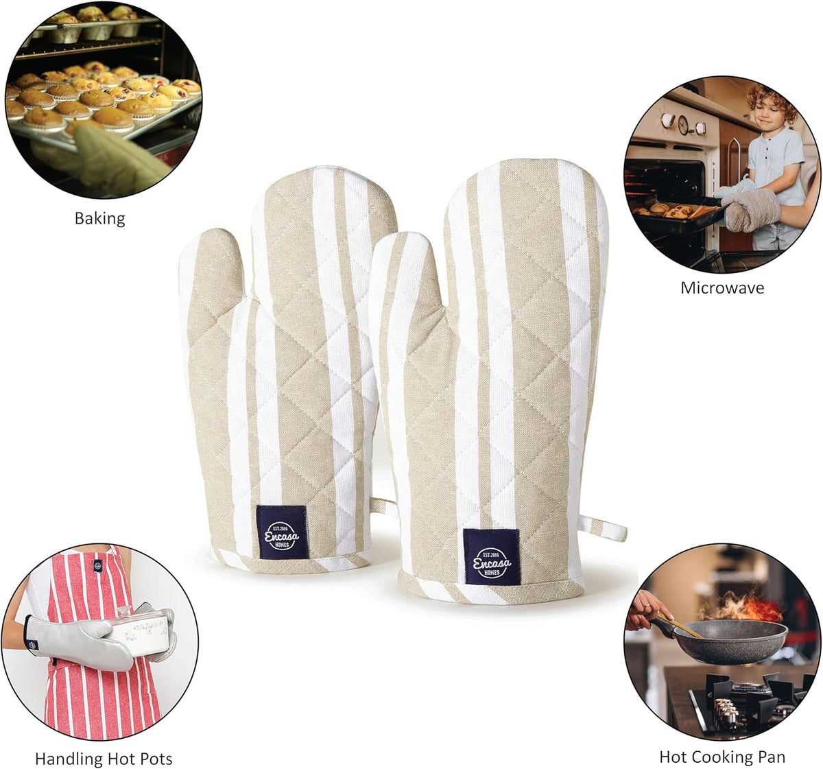 Encasa Homes Long 14 inch Oven Microwave Hand Gloves Mitts (2 pc Set) for Kitchen Cooking & Baking - Heat Resistant, Thick & Safe, Protection of Hands from Hot Utensils - Franca Beige Stripes