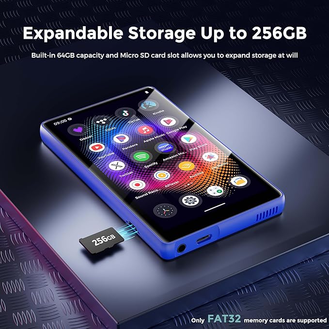 128GB MP3 Player with Bluetooth and WiFi,Music Video Player with Spotify Pandora,Amazon Music, 5" Touch Screen Android MP4 MP3 Player for Kids with Audible, YouTube, Spotify Kids,up to 256GB (Blue)