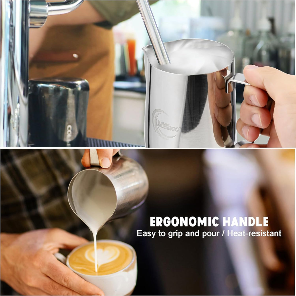 MiShooยฎ Milk Frothing Pitcher, 12oz Steaming Pitcher 304 Stainless Steel Espresso Machine Accessories for Coffee Bar, Cappuccino Barista Tools Milk Jug Steamer Frother Cup with Latte Art Pen