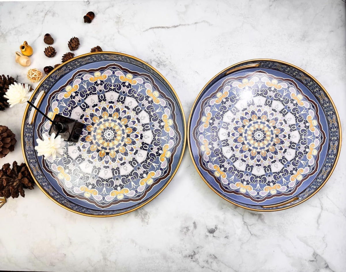 Round Decorative Trays Set of 2, Modern Plastic Serving Tray with Handles for Living Room, Coffee Table, Kitchen, Ottoman, Boho Blue, Large 13", Small 11.8"