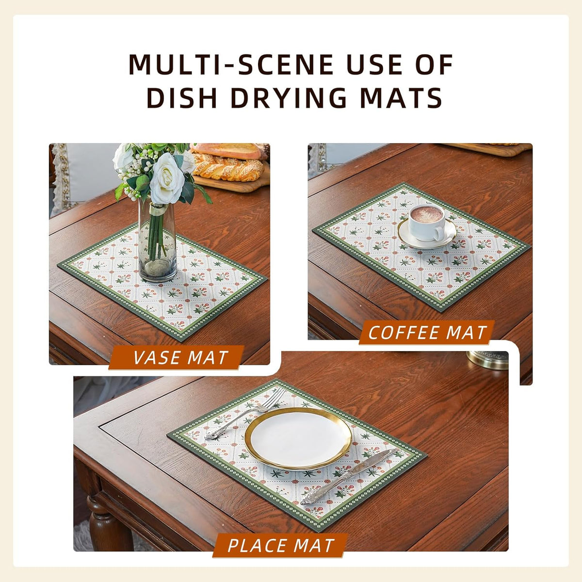 Dish Drying Mat, Diatomaceous Earth Soft Coffee Mat, Absorbent Silicone Dish Drying Mat for Kitchen Counter or Sink for Kitchen Bathroom Coffee Bar (Green, 12 x 16 Inches)