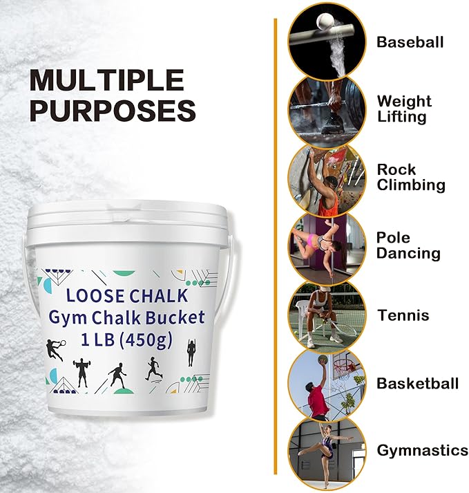 1 LB Loose Gym Chalk Bucket - Premium Powder Chalk with Empty Chalk Bag & Spoon, Multi-Purpose for Weightlifting, Gymnastics, and Workouts