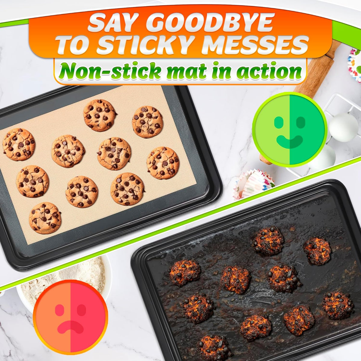 3 Pcs Silicone Baking Mat - Non-Stick Silicone Baking Mats Cookie Sheet with Reinforced Edges, Dishwasher Safe, Heat-Resistant - Uniform Heating & Easy Baking for Macarons, Cookie Dough, Roasts, Pizza