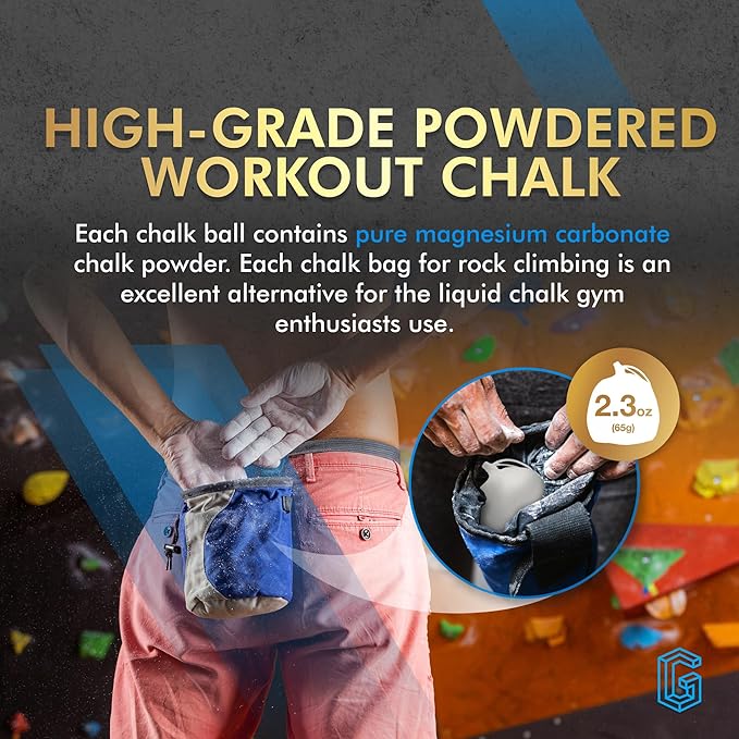 130g (2 x 65g) Premium Chalk Balls. Pro-Grade Gym Chalk in Refillable Sock. Eco Friendly Packaging. Grip Enhancing Gym Accessory for Weightlifting, Rock Climbing, Gymnastics & More. Package May Vary.