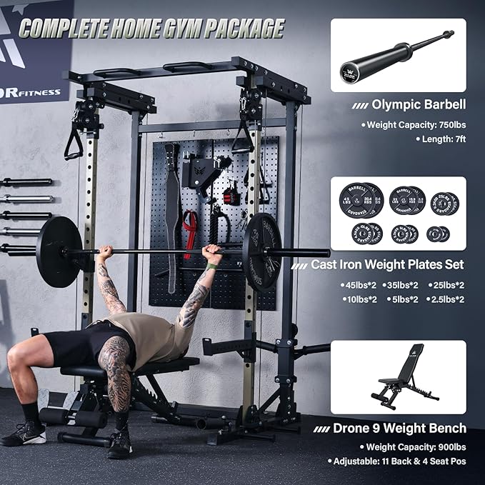 MAJOR FITNESS Drone3 Power Rack, Multi-Function Home Gym Squat Rack with Pull-Up Bar, Cable Crossover & J-Hooks, Heavy-Duty Steel Frame for Maximum Stability & Strength Training