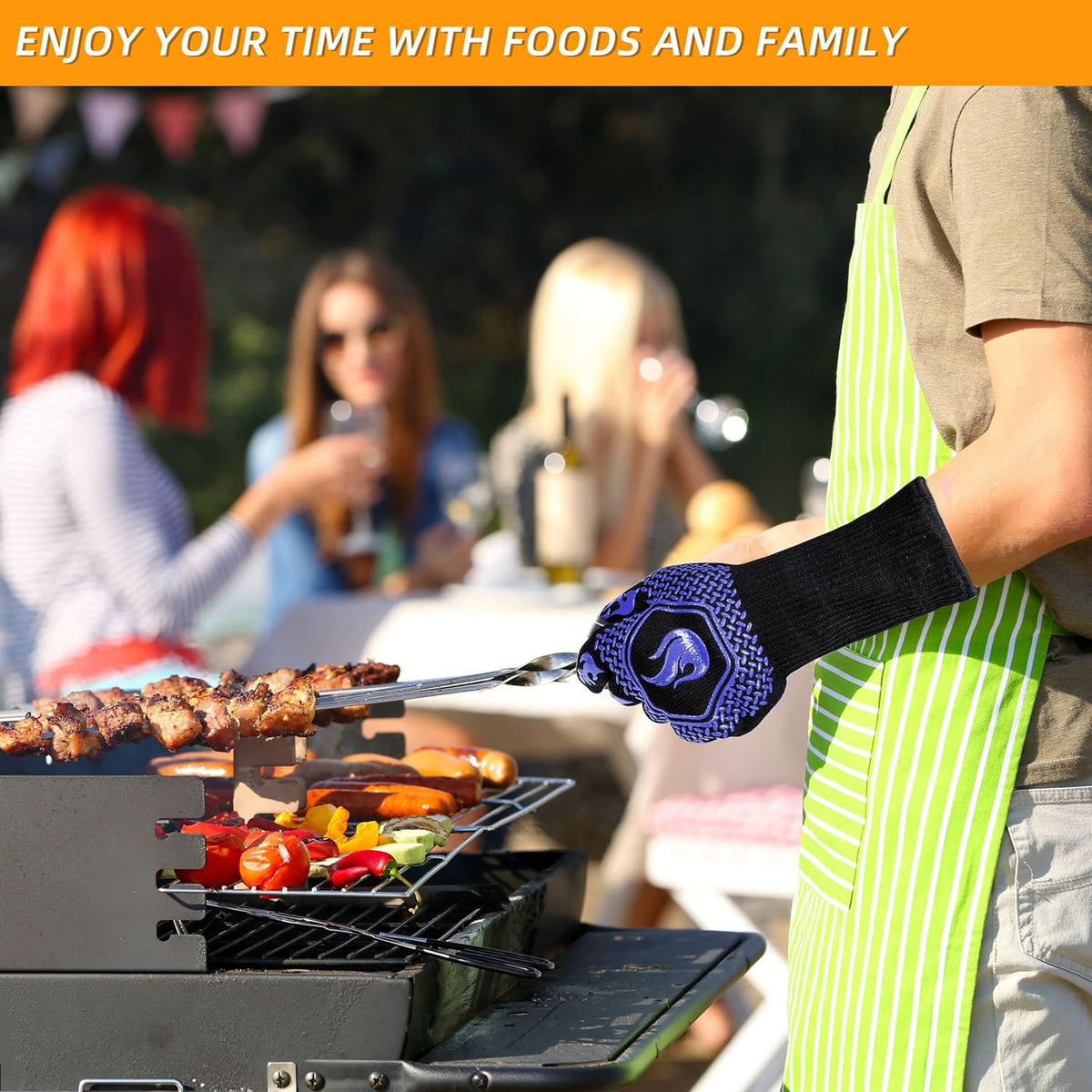 BBQ Fireproof Gloves, Grill Cut-Resistant Gloves 1472°F Heat Resistant Gloves, Non-Slip Silicone Oven Gloves, Kitchen Safe Cooking Gloves for Oven Mitts,Barbecue,Cooking, Frying,13.5 Inch-Blue