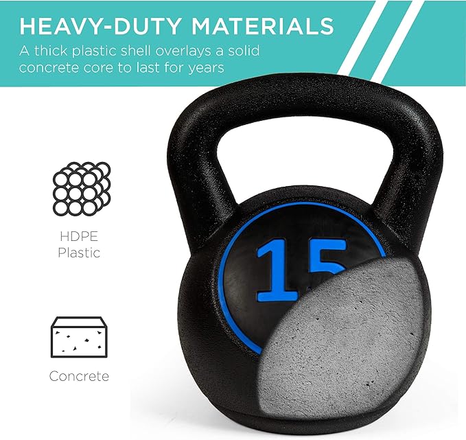 Best Choice Products 3-Piece Kettlebell Set with Storage Rack, HDPE Coated Exercise Fitness Concrete Weights for Home Gym, Strength Training, HIIT Workout 5lb, 10lb, 15lb