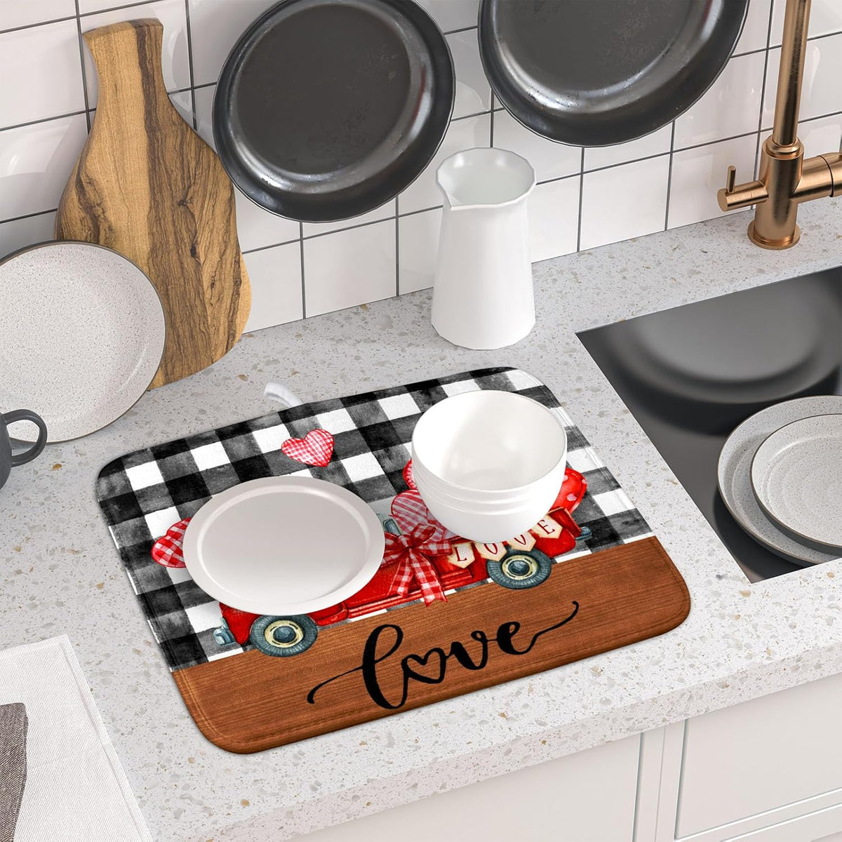 Valentine's Day Red Heart Truck Dish Drying Mat for Kitchen Counter,Black White Buffalo Plaid Love Drying Mat 16 x 18 Inch with Absorbent Reversible Microfiber Dish Drying Pad for Coffee Bar