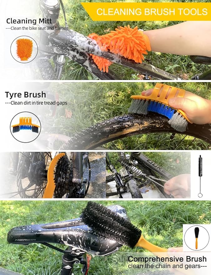 Bike Cleaner kit to Clean/Protect/Lube Bicycle,with Chain Scrubber,Cleaning Brush Tool,Bike Cleaner(19oz),Degreaser(10or19oz),Wet Lubricant(2oz)