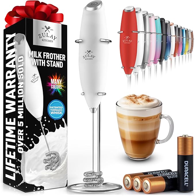 Zulay Kitchen Tornado Whisk Milk Frother with 4 AA Duracell Batteries - Triple Whisk for More Power - Handheld Coffee Frother with Stand - Drink Mixer for Lattes, Matcha & Protein Shakes