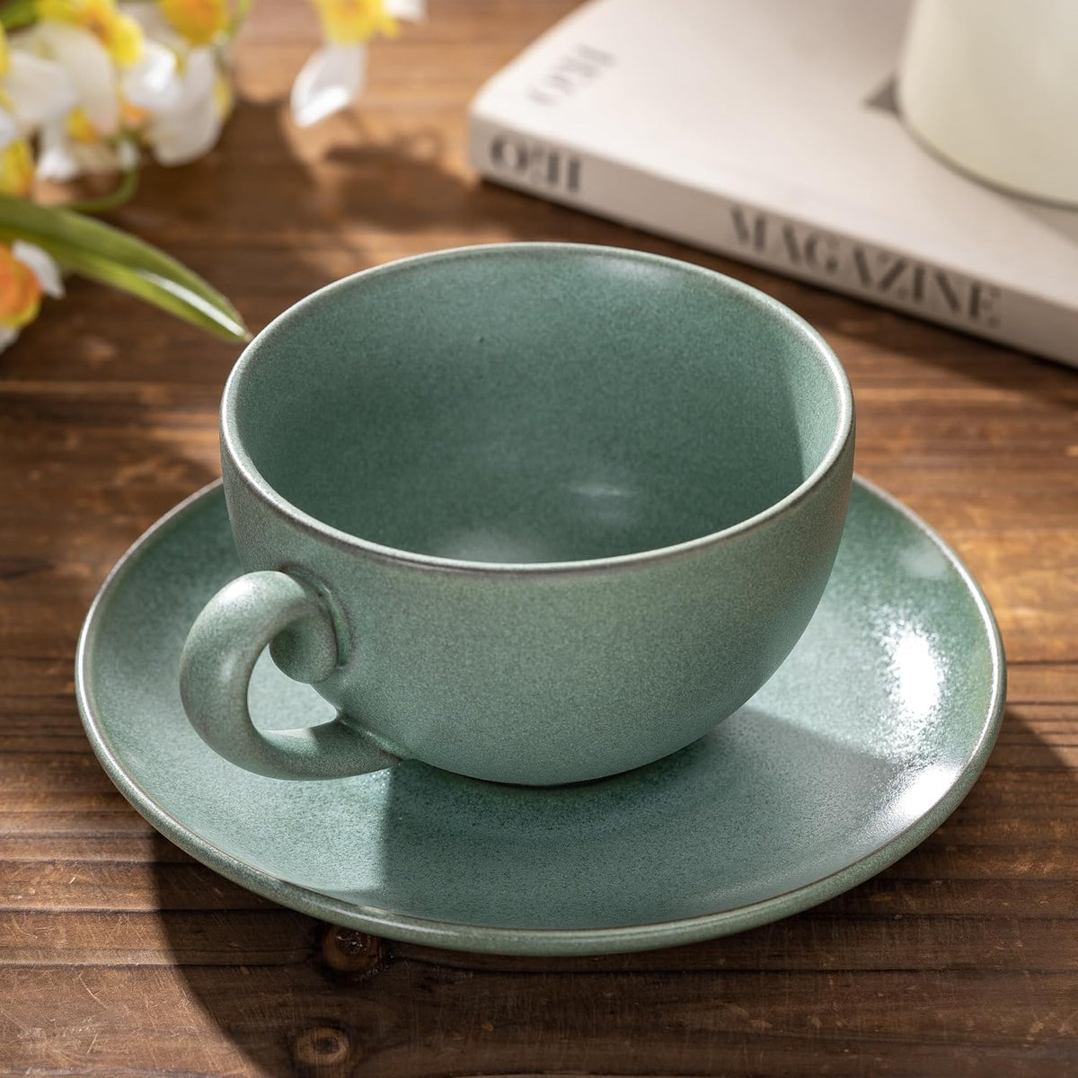 Cup and Saucer Set Turquoise Ceramic Cappuccino Mug Set of 1-10 oz Microwave and Dishwasher Safe, Perfect For Tea, Espresso, Latte - Porcelain Mugs for Kitchen or Cafe