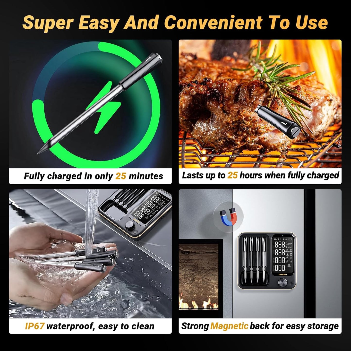 Wireless Meat Thermometer with 4 Probes, Inkbird Wifi BluetoothThermometer Digital Wireless for Rotisserie Grill Oven,Unlimited Range Dishwasher Waterproof Bluetooth Meat Thermometer for iOS & Android