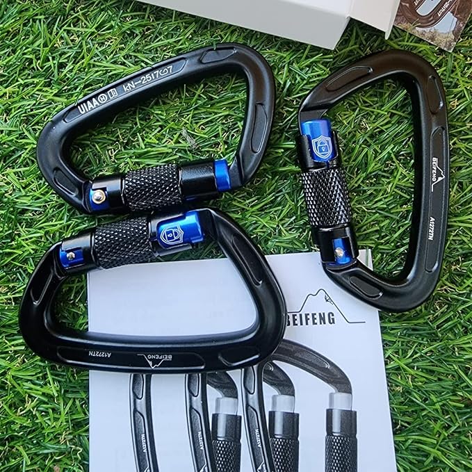 BEIFENG 25KN Auto Locking Carabiner - UIAA Certified Heavy Duty Climbing Carabiners for Rock Climbing, Camping, Rappelling, Hunting, Rescue Equipment - Professional Carabiner Clips (Black)