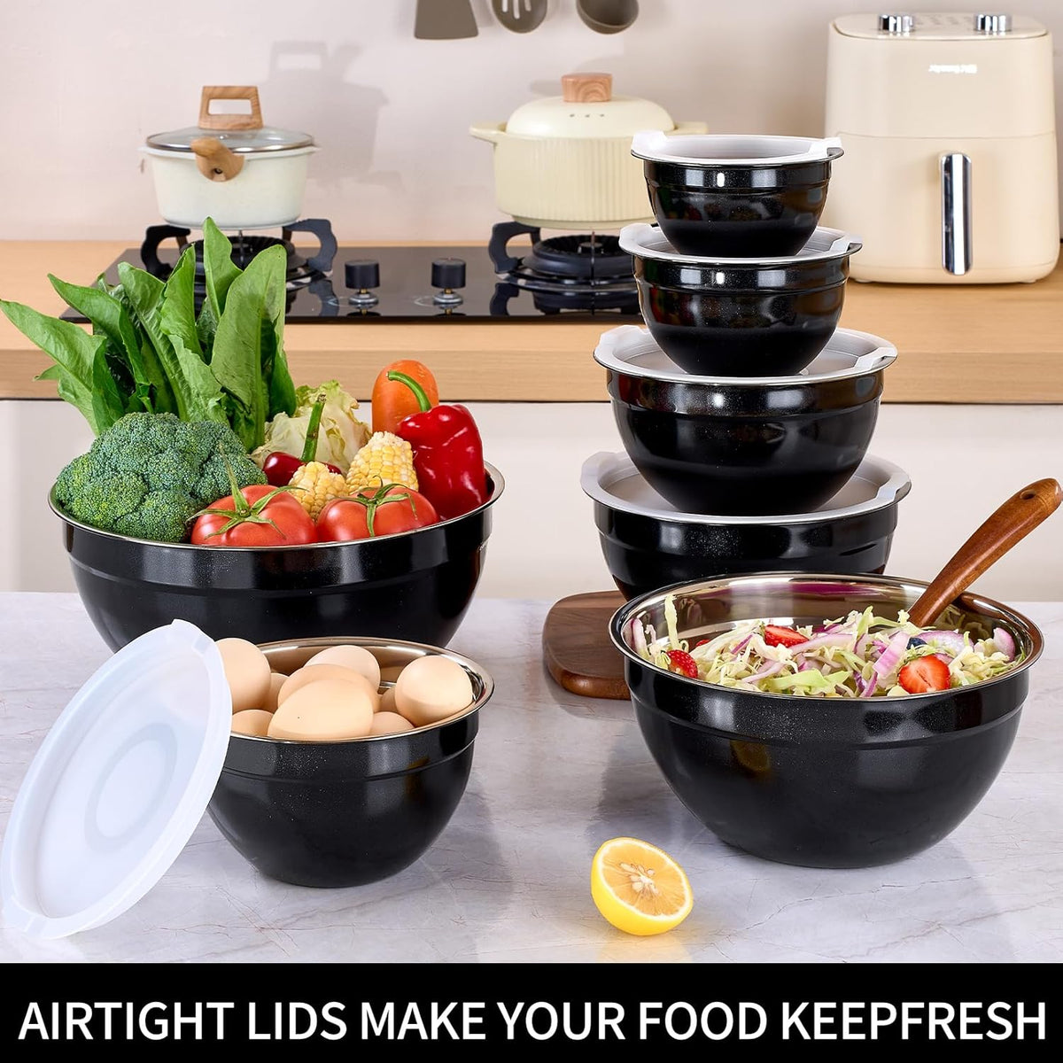 Black Mixing Bowls with Lids Set of 7, Stainless Steel Nesting Bowl with Khaki Lid for Non-slip Mixing Prepping Storing Serving, 7 Sizes-7/3.6/2.7/2.1/1.5/1/0.8 QT