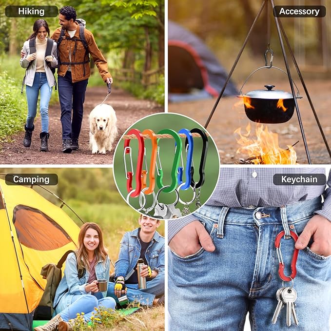 sprookber 3.2 Inch Aluminum Carabiner Clips D Ring, Caribeaner Spring Snap Hook with Keychain for Camping, Hiking, Gym & Outdoor Gear, Set of 10