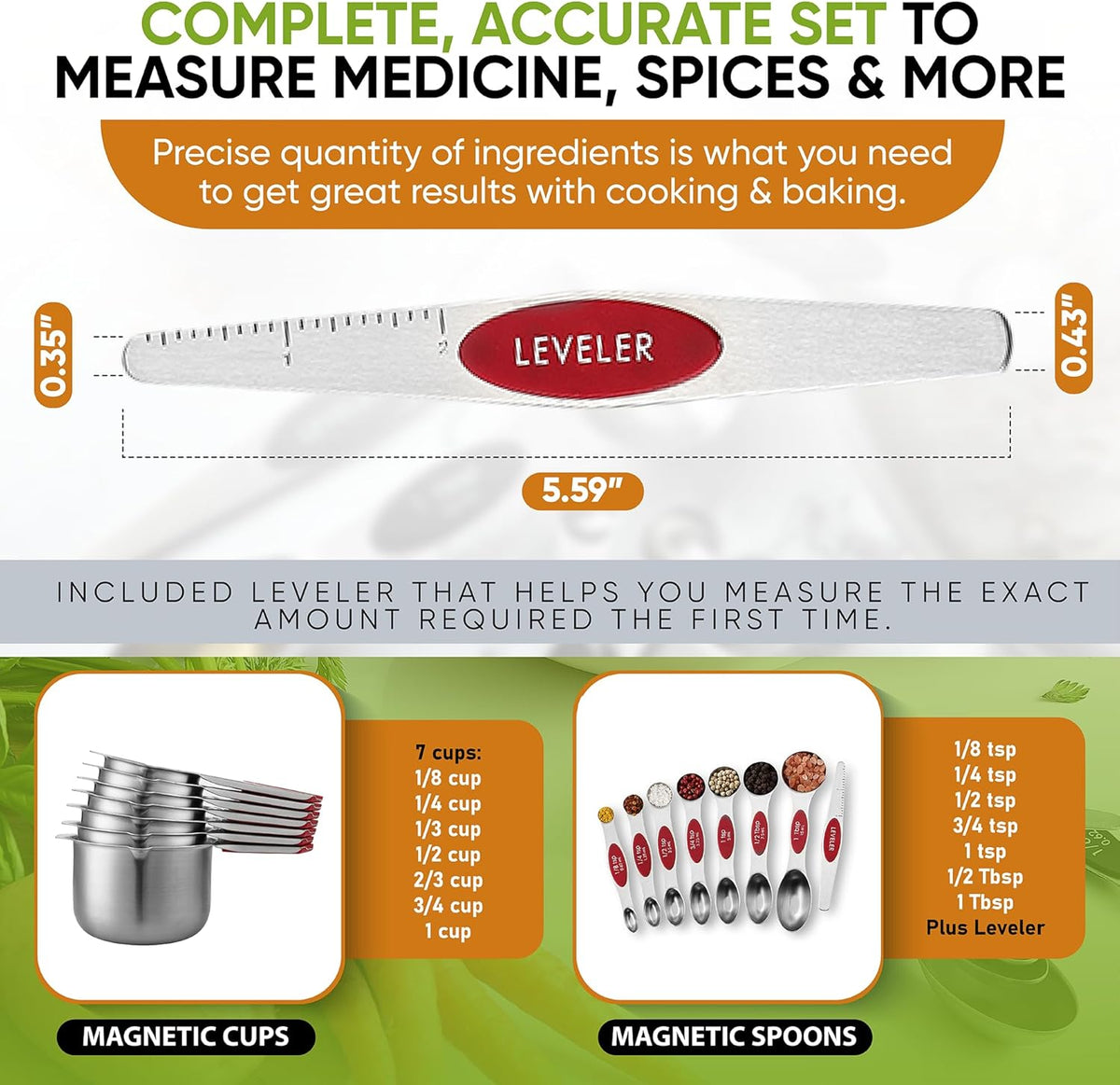 Spring Chef Magnetic Measuring Cups & Spoons Set (Patent Pending), Strong N45 Magnets, Heavy Duty Stainless Steel Fits in Spice Jars for Baking & Cooking, BPA Free, Round Set of 15 with Leveler, Red