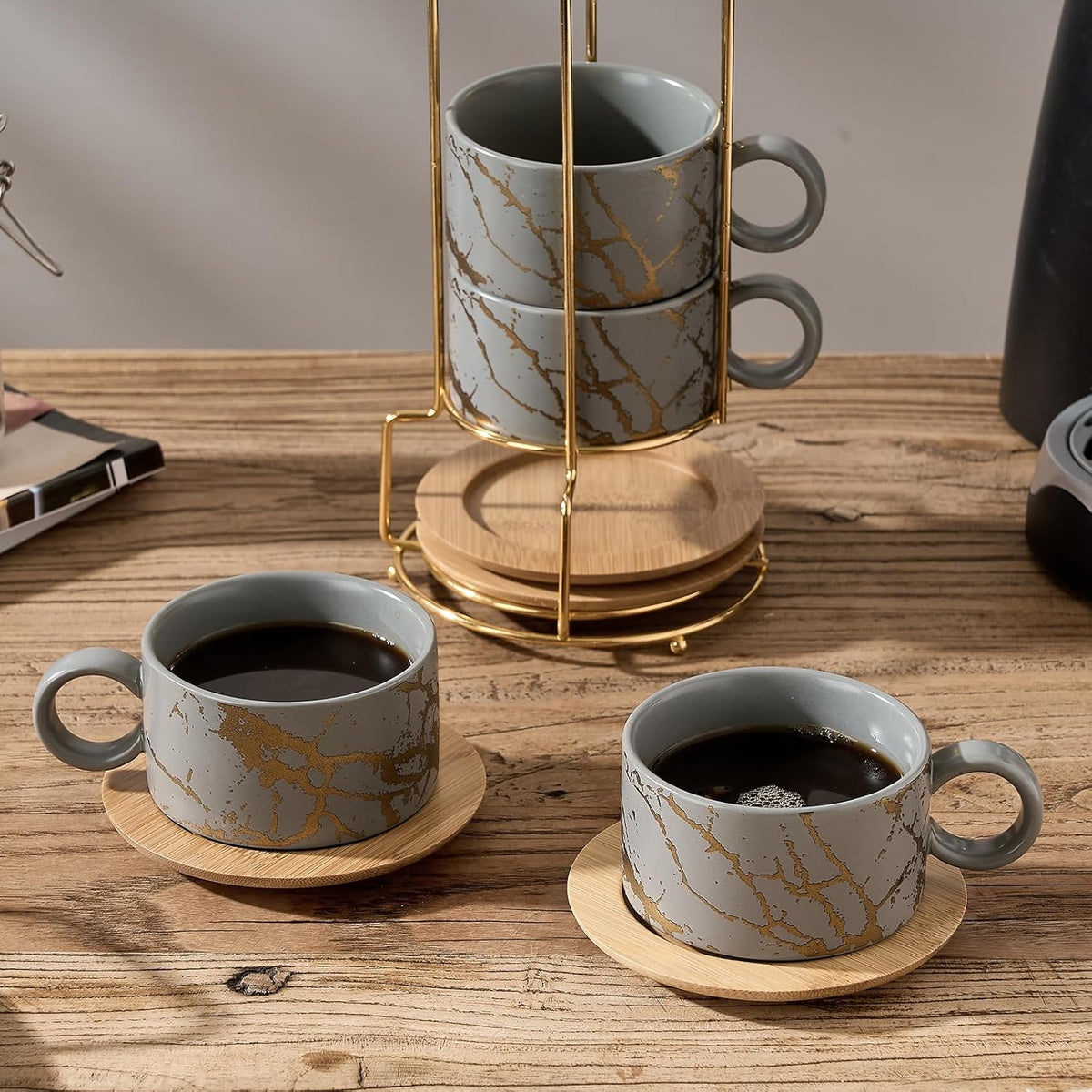 LUKA 6 Ounce Porcelain Stackable Espresso Cups with Saucers and Metal Stand Set of 4, Ceramic Cappuccino Cups Set for Specialty Coffee Drinks, Latte, Cafe Mocha and Tea, Gray