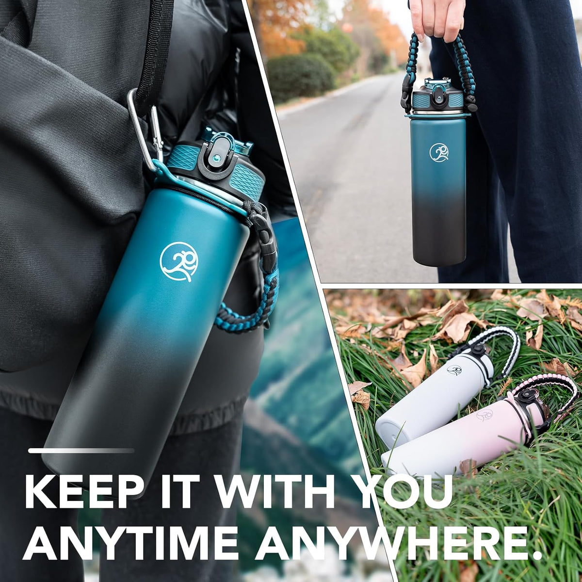 GOSWAG Insulated Sports Water Bottle, 24oz 2 Lids(with Straw/No Straw), Stainless Steel Water Bottles with Paracord Handle, Insulated Bottle with Double-Wall Vacuum Insulation
