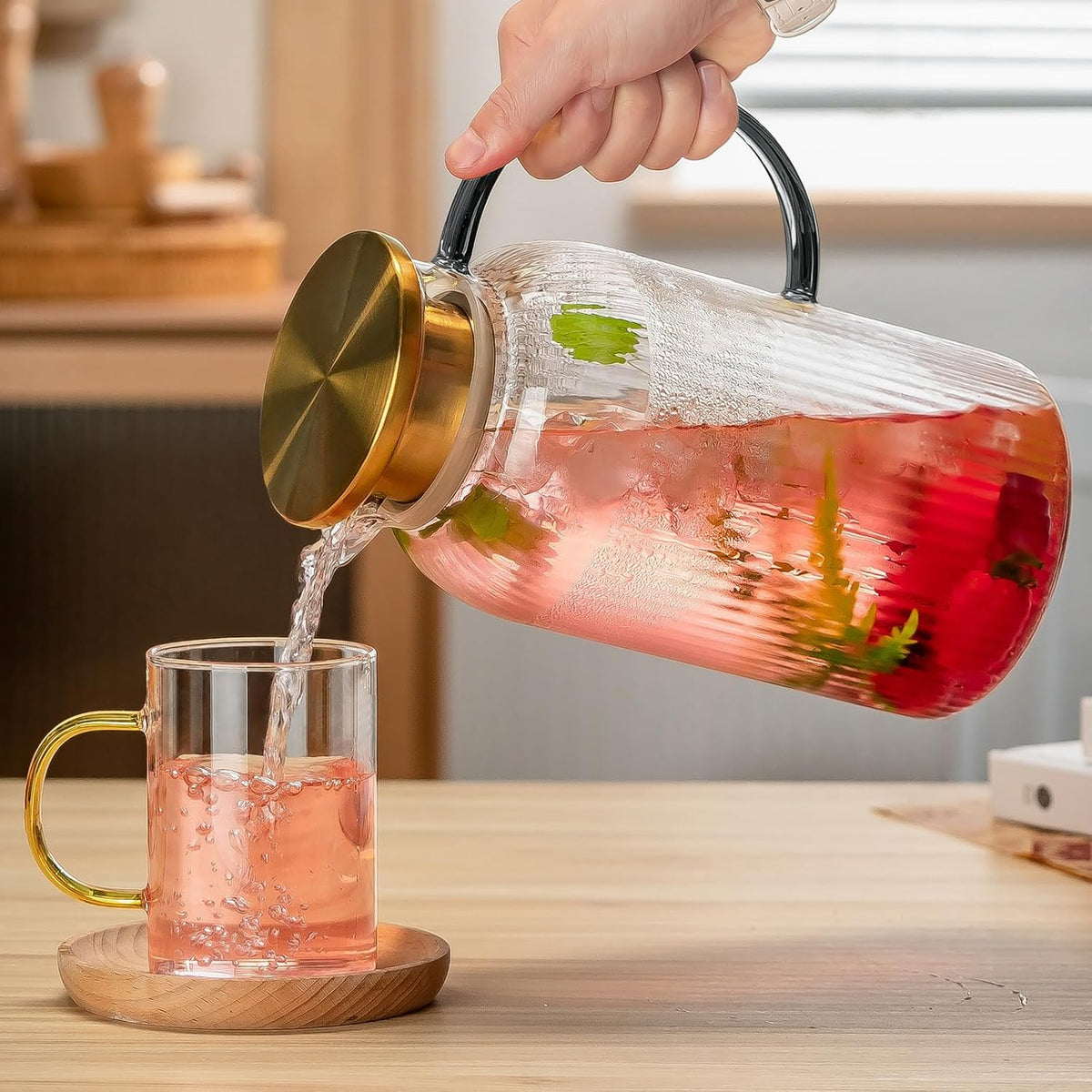 2 PACK Glass Pitcher with Lid,68 oz/ 2 Liter Vertical Stripes Water Pitcher With Black Handle,Glass Water Carafe for Cold Brew,Coffee, Lemonade, Iced Sun Tea,Beverage, Milk Heat Resistant