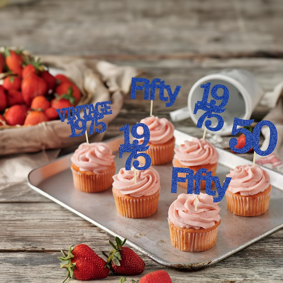 Gyufise 24Pcs Vintage 1975 Cupcake Toppers Cheers to 50 Fabulous Fifty Cupcake Picks 50th Birthday Wedding Anniversary Party Cake Decorations Supplies Deep Blue