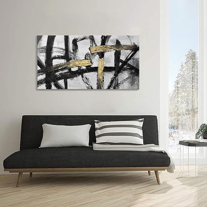 Black White and Gold Wall Art, Modern Paintings Abstract Graffiti Canvas Prints Artwork Black Grey Wall Pictures for Living Room Bedroom Bathroom Home Office Decor 20x40 In