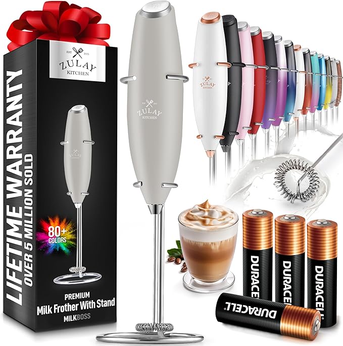Zulay Powerful Milk Frother (4 Duracell Batteries Included) - Handheld Milk Frother Wand Drink Mixer for Coffee - Powerful Milk Foamer for Cappuccino, Frappe, Matcha & Coffee Creamer - Gray