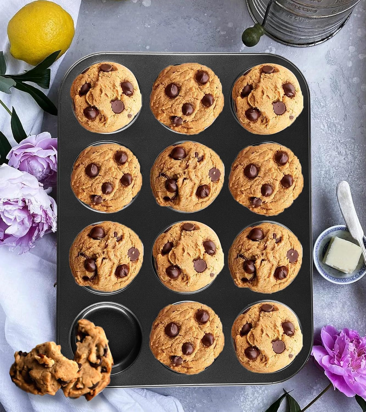 Nonstick Muffin Top Pan Set, 12-Cup, 13.5 x 10.2 inches, 2-Pack, Black