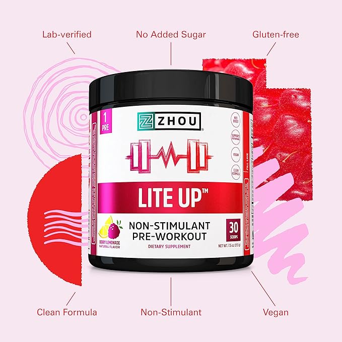 Zhou Lite Up - Non Stim Powder, Nitric Oxide Stim Free Supplement for Men & Women, Caffeine Free Boost, Clean Formula - Berry Lemonade Flavor, 7.5 oz Jar (30 Scoops)