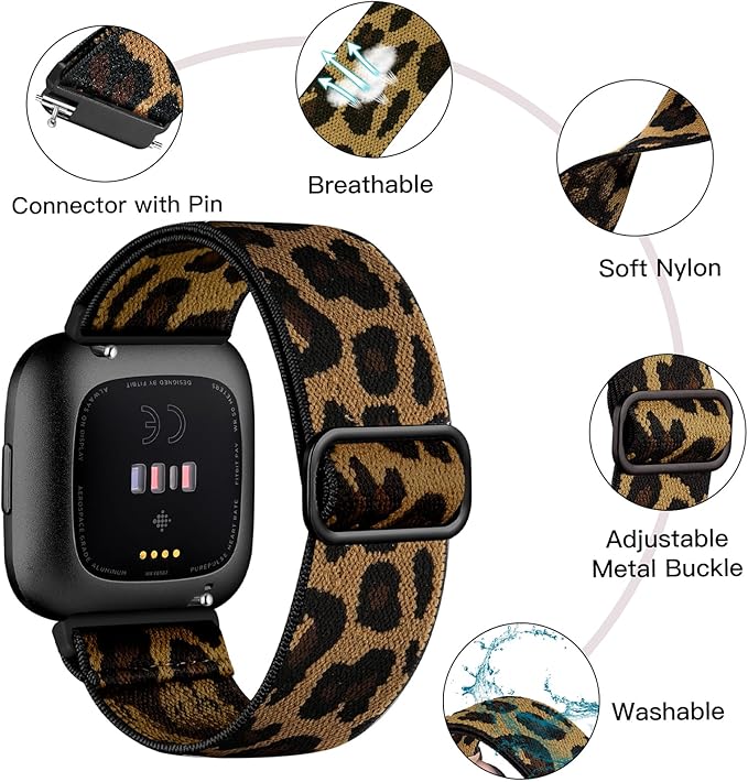 2 Pack Elastic Bands Compatible with Fitbit Versa 2 & Versa Lite Bands for Women & Men, Adjustable Sport Stretchy Nylon Solo Loop Strap Wristbands, Black & Leopard