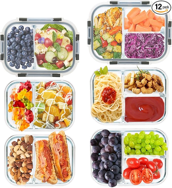 2 & 3 Compartment Meal Prep Containers - Glass Food Storage Lunch Containers with Lids, Bento Box, Portion Control, Freezer to Microwave Safe