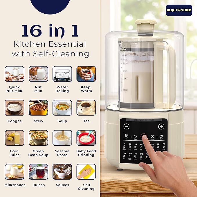 16-in-1 Blender & Nut Milk Maker, 50oz β Soy/Oat Milk, Plant-Based Milk, Milkshake, Soup Maker. 8 High-Speed Blades, Ultra-Quiet Noise Canceling, Auto Timer, Heat Insulation.