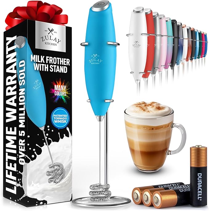 Zulay Kitchen Tornado Whisk Milk Frother with 4 AA Duracell Batteries - Triple Whisk for More Power - Handheld Coffee Frother with Stand - Drink Mixer for Lattes, Matcha & Protein Shakes