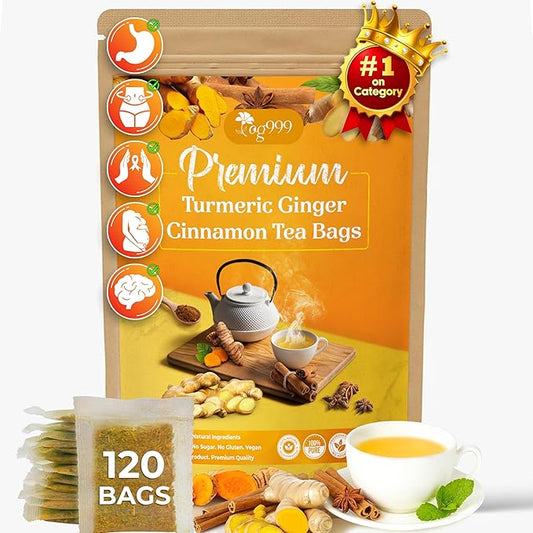 120 Bags Premium Turmeric Ginger Cinnamon Tea, Improve Digestion, Support Brain, Weight, Skin and Sleep, Eco-Conscious Tea Bags and Premium Natural Ingredients. Turmeric Ginger Herbal Tea. No Sugar, No Caffeine, No Gluten, Vegan.