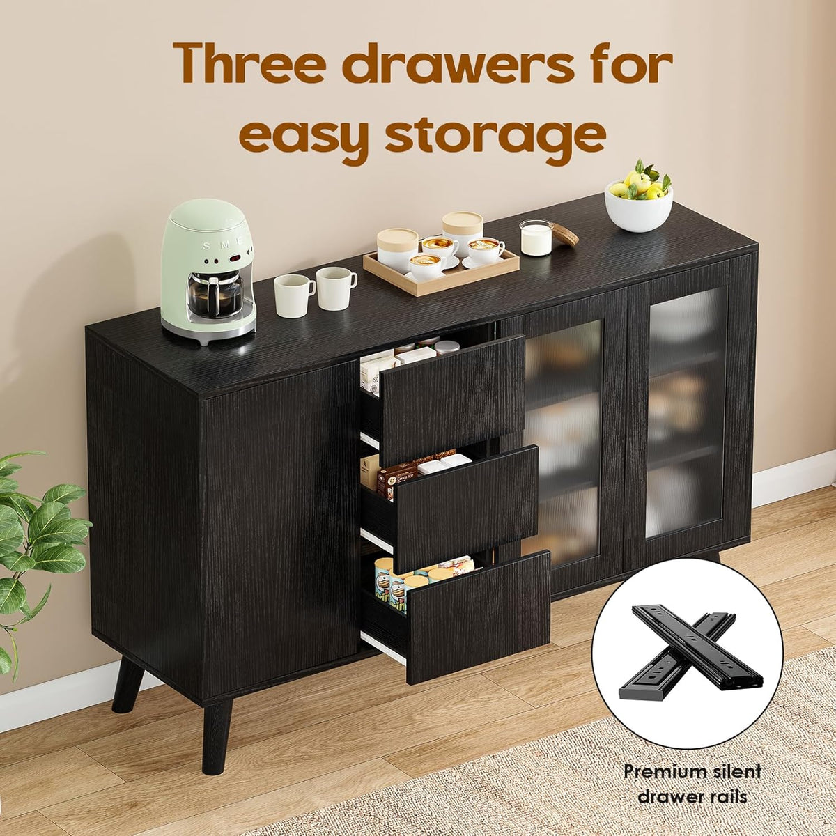 Soohow Farmhouse Buffet Cabinet, 55.5" Coffee Bar with 3 Drawers and Pop-Up Doors, Large Rustic Sideboard for Dining Room, Kitchen, Hallway, and Living Room