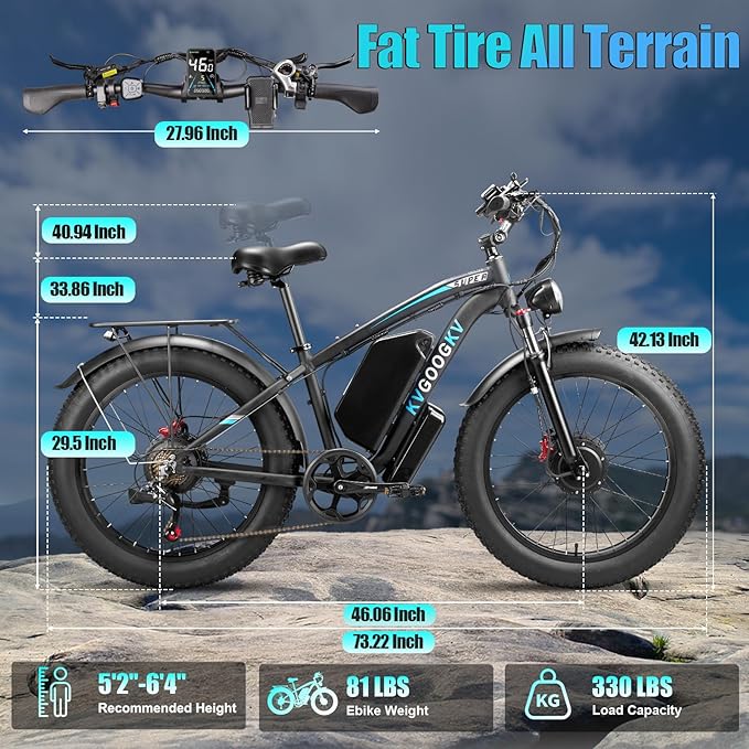 6000W Peak Electric Bike for Adults,58V Max-Output 1856Wh Dual Motor Ebike,47MPH 105Miles Range,24" x4.0 Fat Tire Hydraulic Disc Brake Front Fork Suspension E-Bike for Off-Road Mountain Snow Commuter