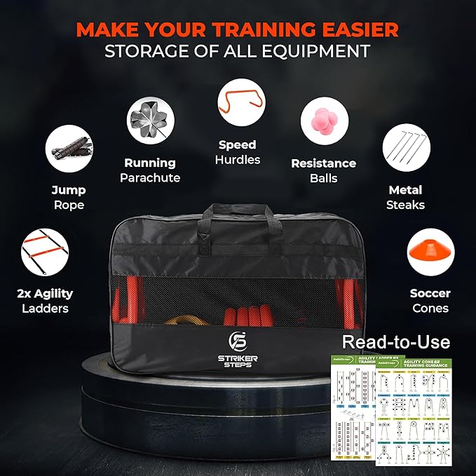 Agility Ladder Speed Training Equipment Set-2x 20ft Agility Ladder,12 Soccer Cones,4 Adjustable Hurdles, Jump Rope, Running Parachute| Basketball Football Soccer Training Equipment for Kids Adults