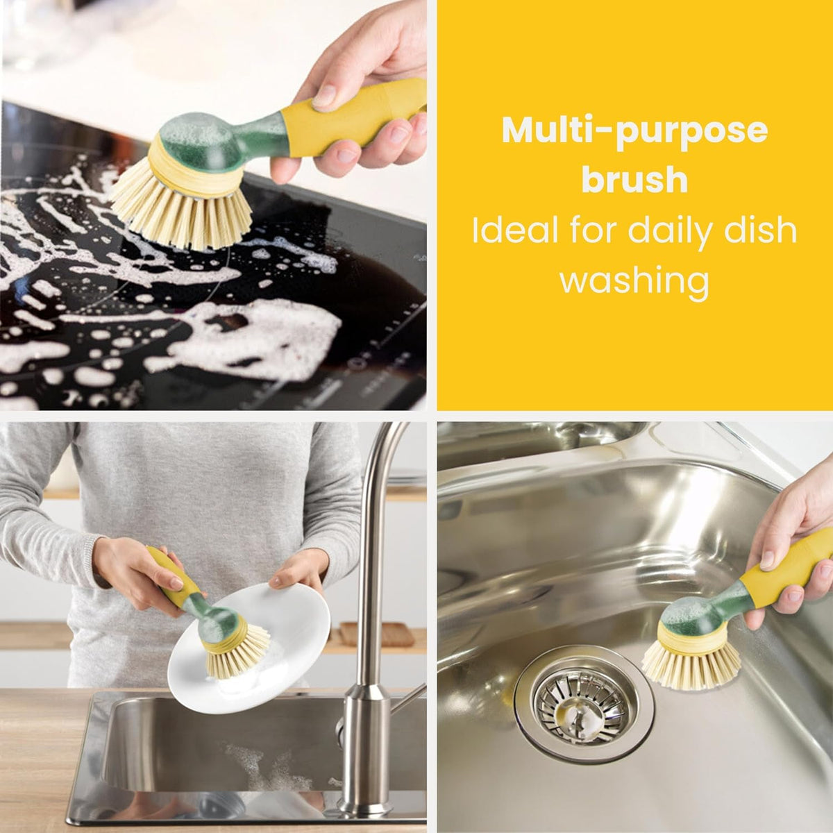 Vigar Rengo Soap Dispensing Dish Brush, Dish Brush with Soap Dispenser for Pot Scrubber, Dishes, Sink Cleaner, and Kitchen Essentials, Mustard