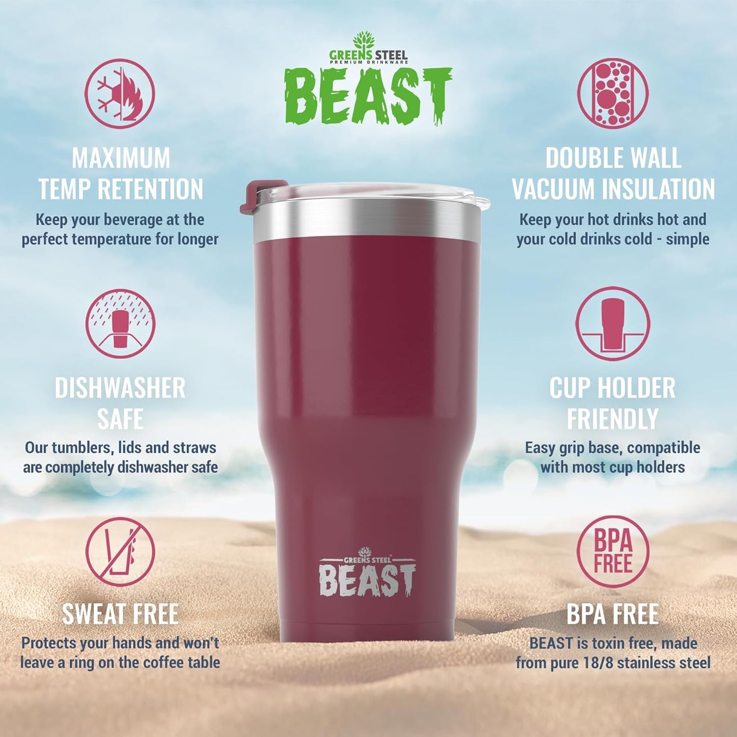 Beast 40 oz Tumbler Stainless Steel Vacuum Insulated Coffee Ice Cup Double Wall Travel Flask (Cranberry Red)