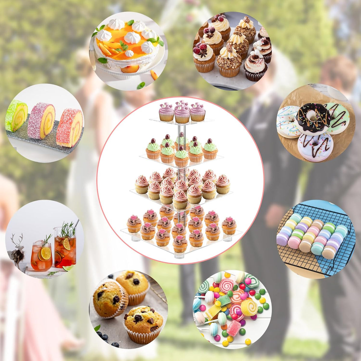 YestBuy 4 Tier Acrylic Cupcake Stand with Base, Cake Stand, Premium Cupcake Holder, Acrylic Cupcake Tower Display Cady Bar Party Décor – Display for Pastry (6" Between 2 Layers)…