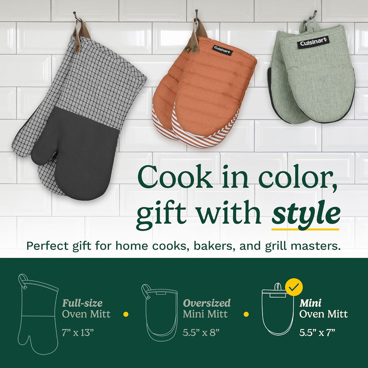 Cuisinart Mini Oven Mitts – 5.5” x 7” Heat-Resistant Kitchen Mitts for Oven with Non-Slip Neoprene Palm, Cotton Filling, and Fabric Loop – Durable Oven Mitt Set for Cooking & Baking (Light Gray)