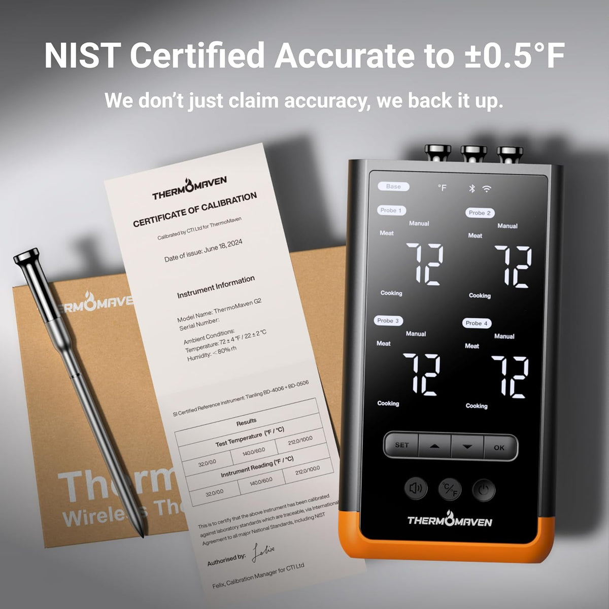Wireless Bluetooth Smart Meat Thermometer: Standalone Base, WiFi Thermometer with Sub-1G, 6 Sensors NIST Certified Accuracy, 4 Probes, for Kitchen, BBQ, Grill, Oven, Smoker, Rotisserie
